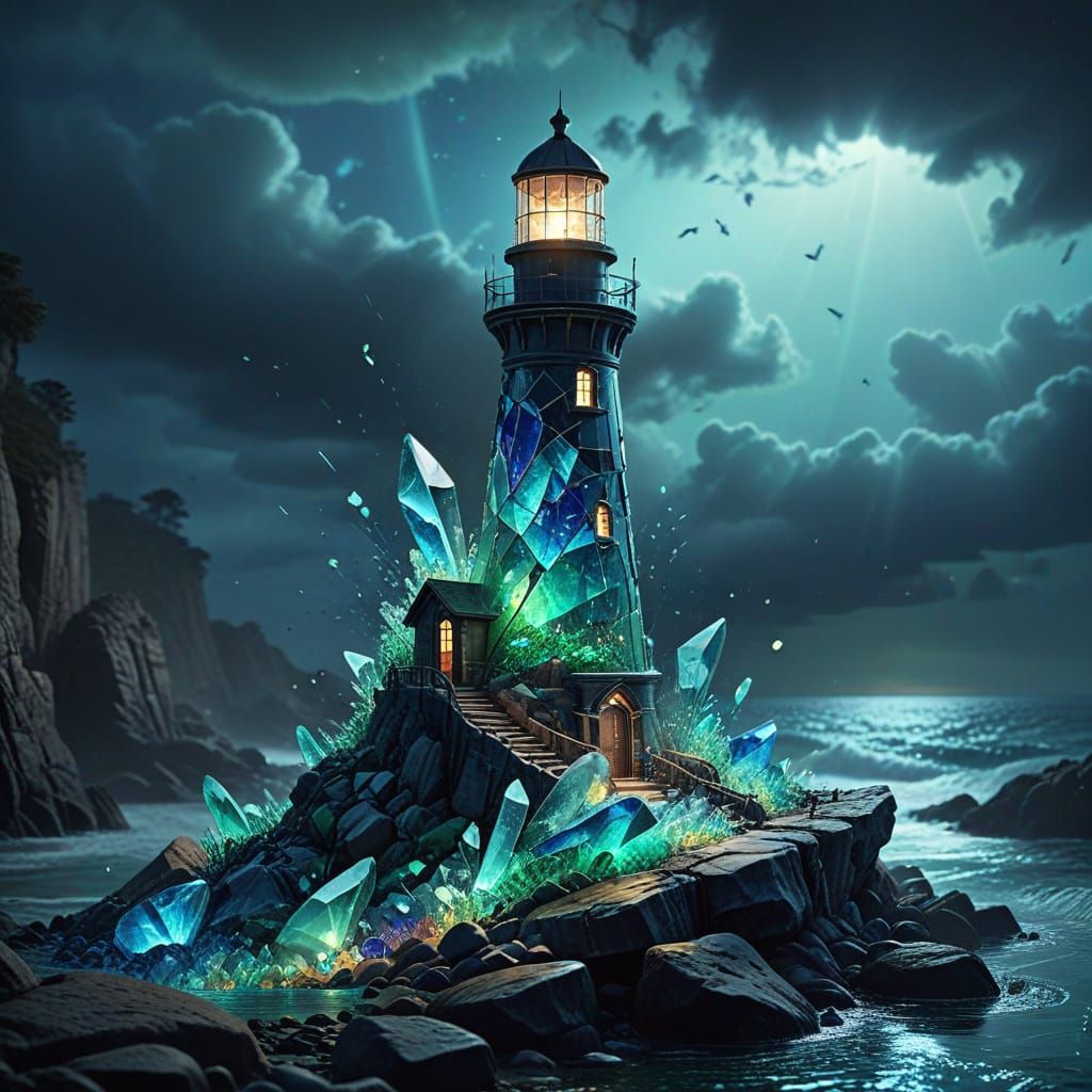 Mystical Sea Glass Lighthouse: Surreal Digital Art