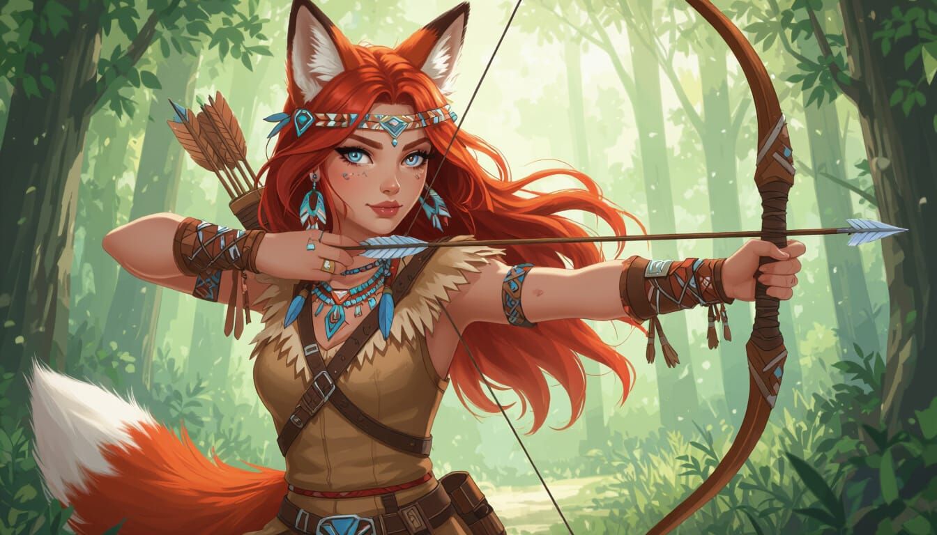Fox-Eared Woman Hunting in Lush Forest, Whimsical Art