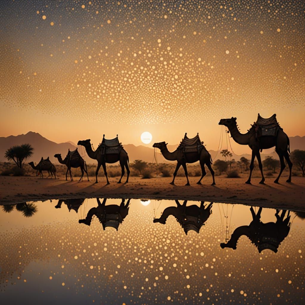 Desert Oasis Reflects Camel Caravan at Sunset