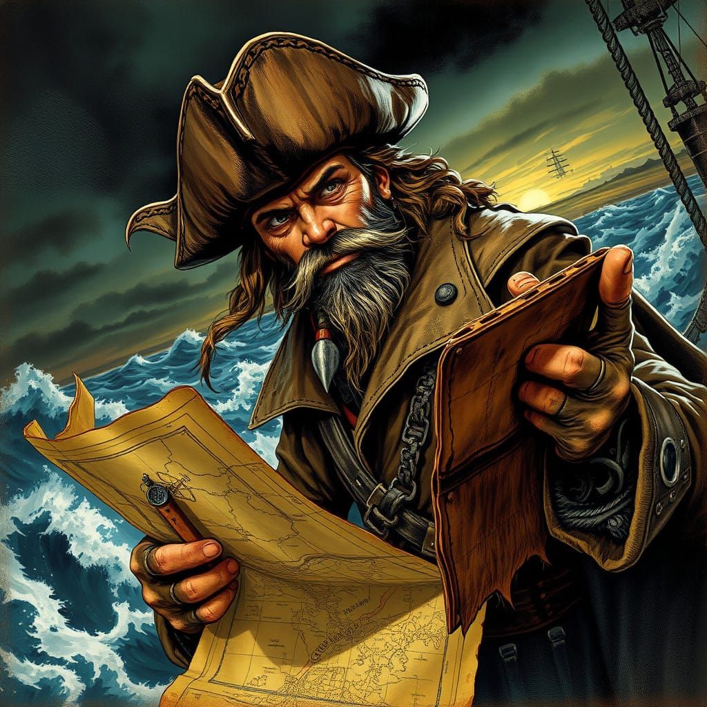 Pirate Navigator Charts Treacherous Course Through Stormy Se...