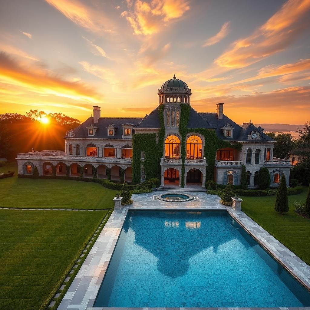 Art Deco Mansion at Sunset in French Renaissance Style