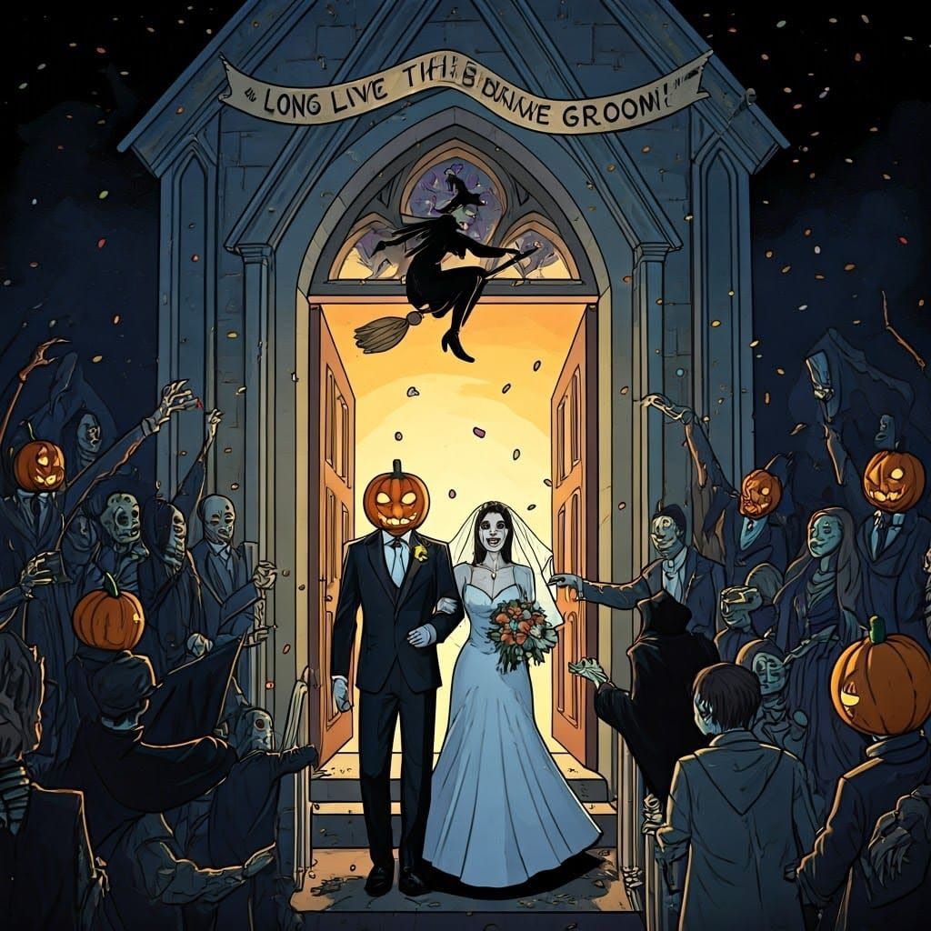 Halloween Zombie Bride and Jack O'Lantern Wedding