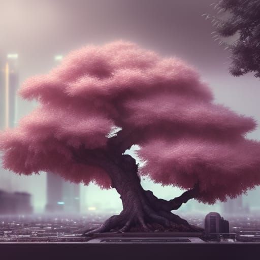 Fantasy Cherry Bonsai in Cyberpunk Thunderstorm