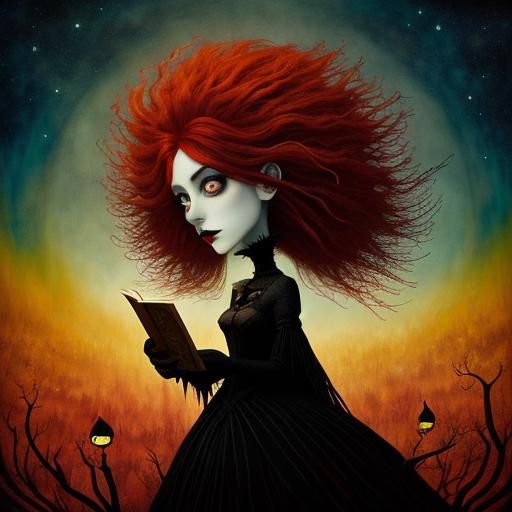 Gothic Redhead Reading: A Vibrant Fairytale Scene