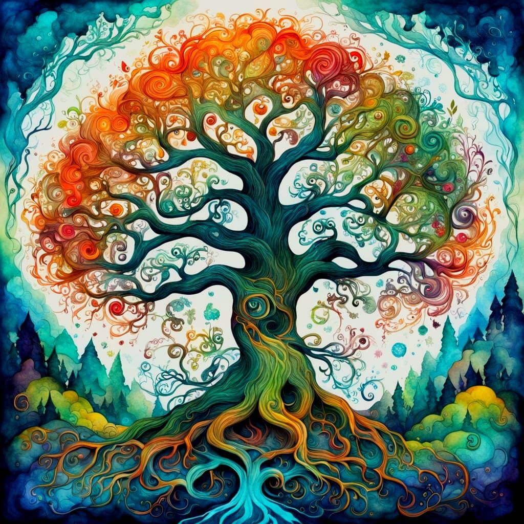 Whimsical Yggdrasil in Vibrant Wet Ink Style