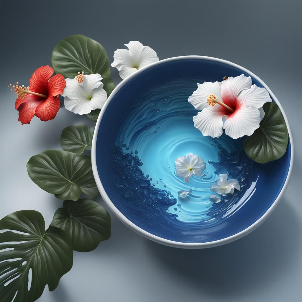 White Hibiscus in Blue Ceramic Bowl: Matte Painting
