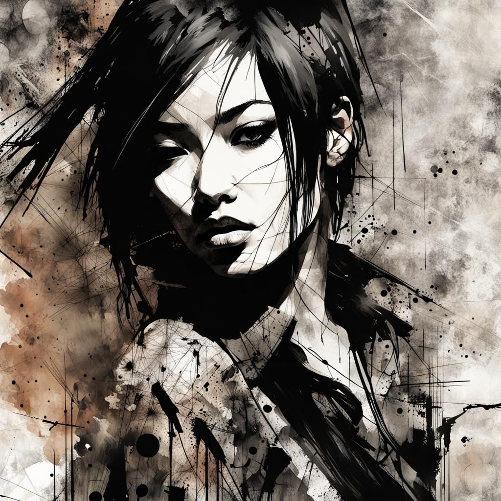 Sensual Asian Woman in Urbanpunk Neo-Expressionist Style