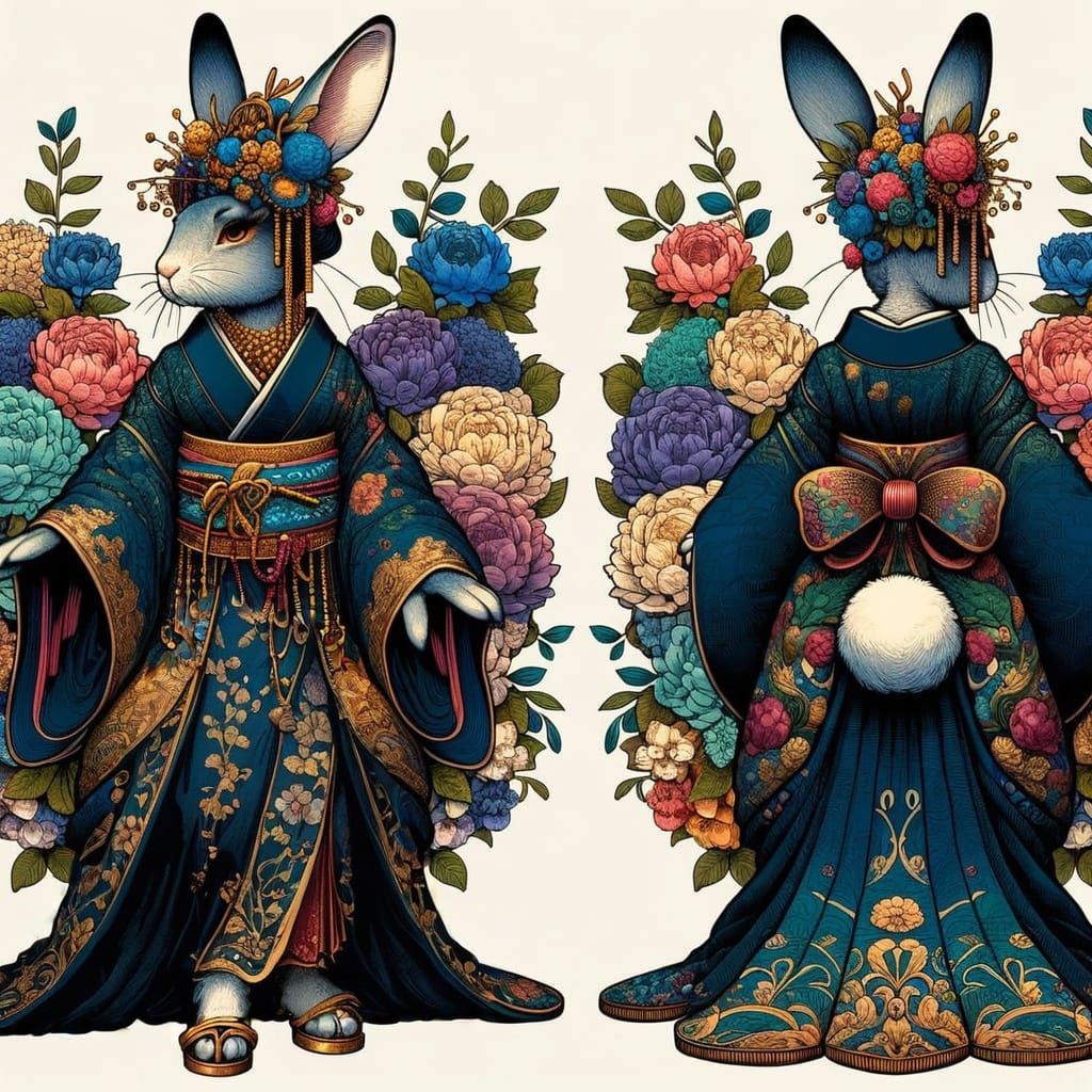 Whimsical Geisha Rabbit in Floral Art Nouveau Setting