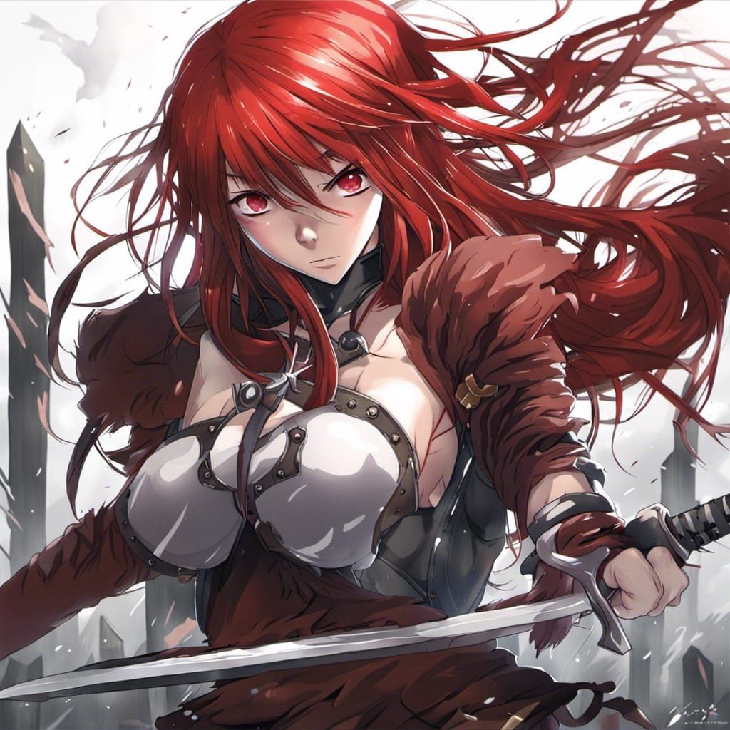 Red-Haired Girl with Sword in Anime Style