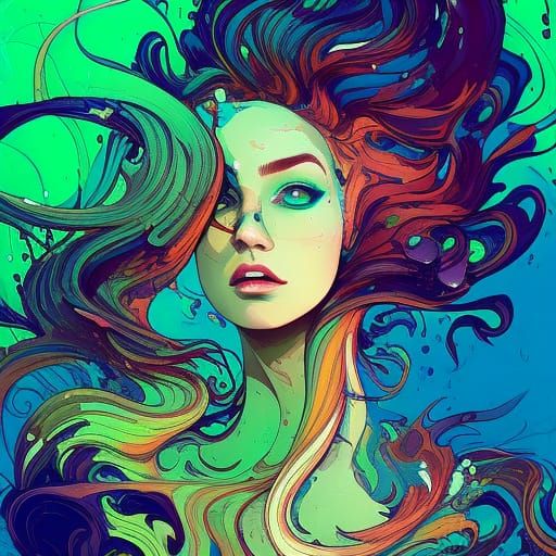 Woman with Green Hair, Gouache Oil Splash