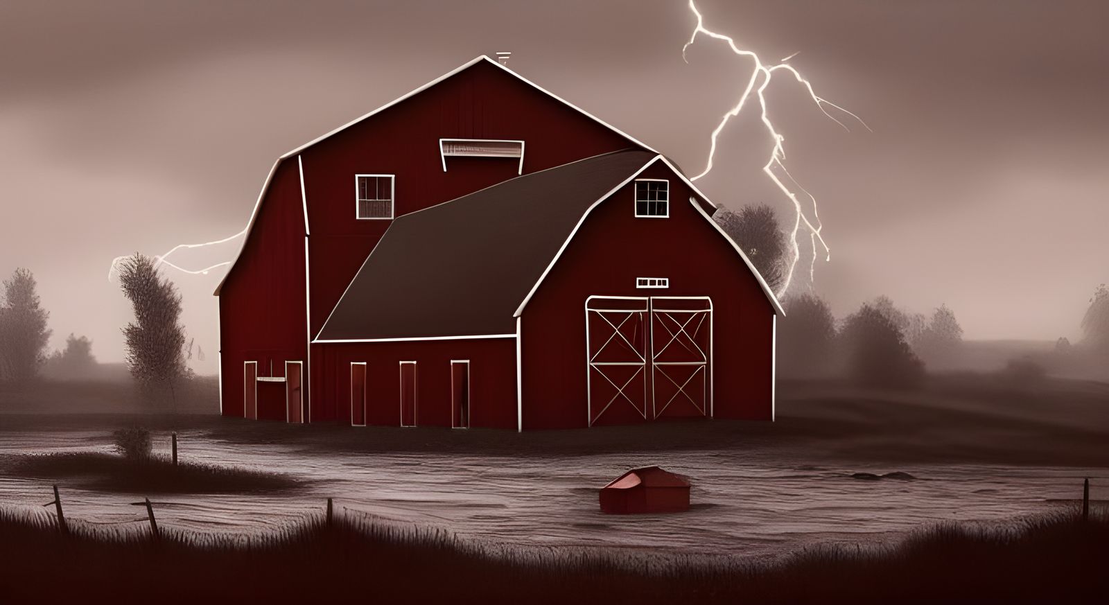 Red Barn in Lightning Storm as Detailed 3D Art