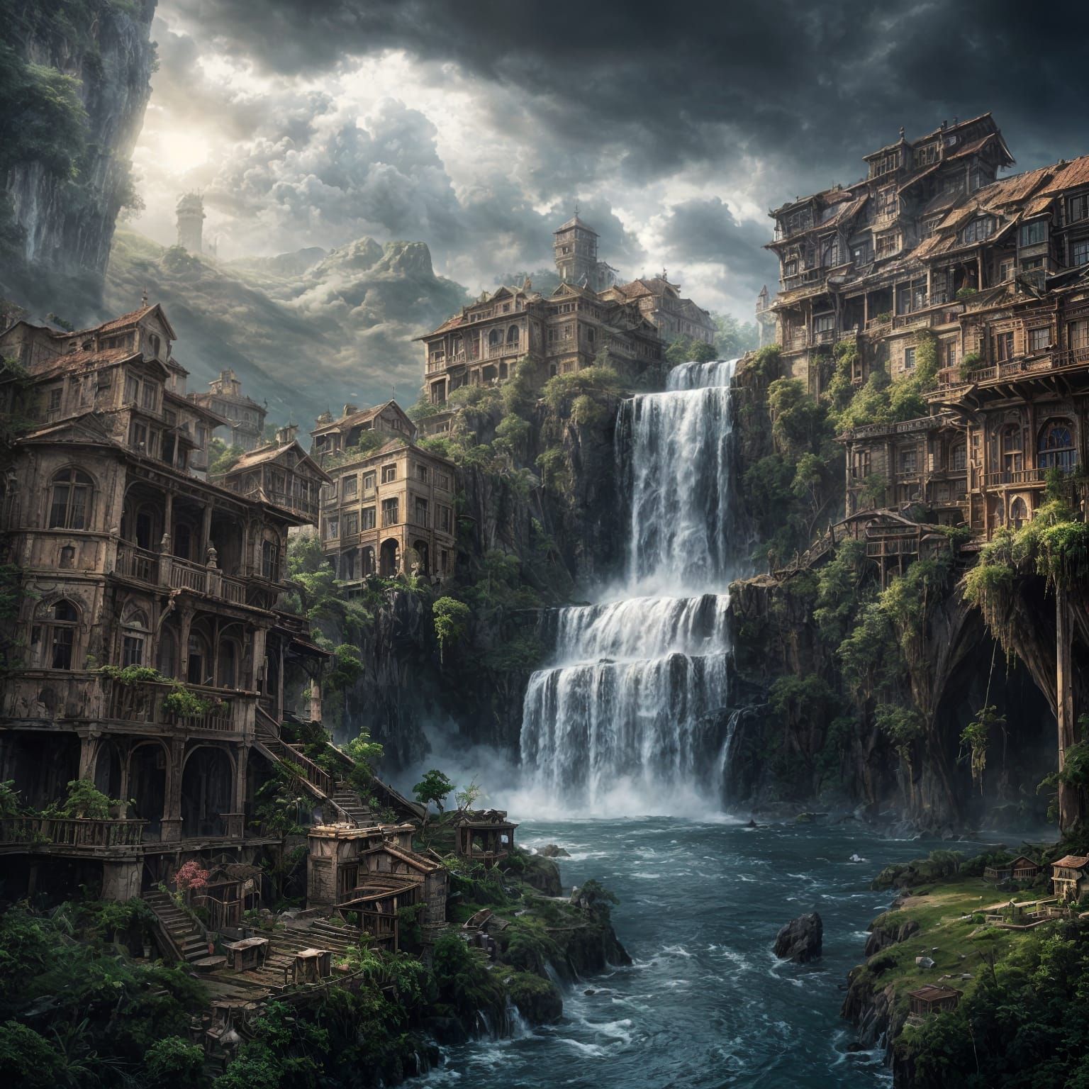 Waterfalls Cascade from Broken Rooftops: Digital Matte Paint...