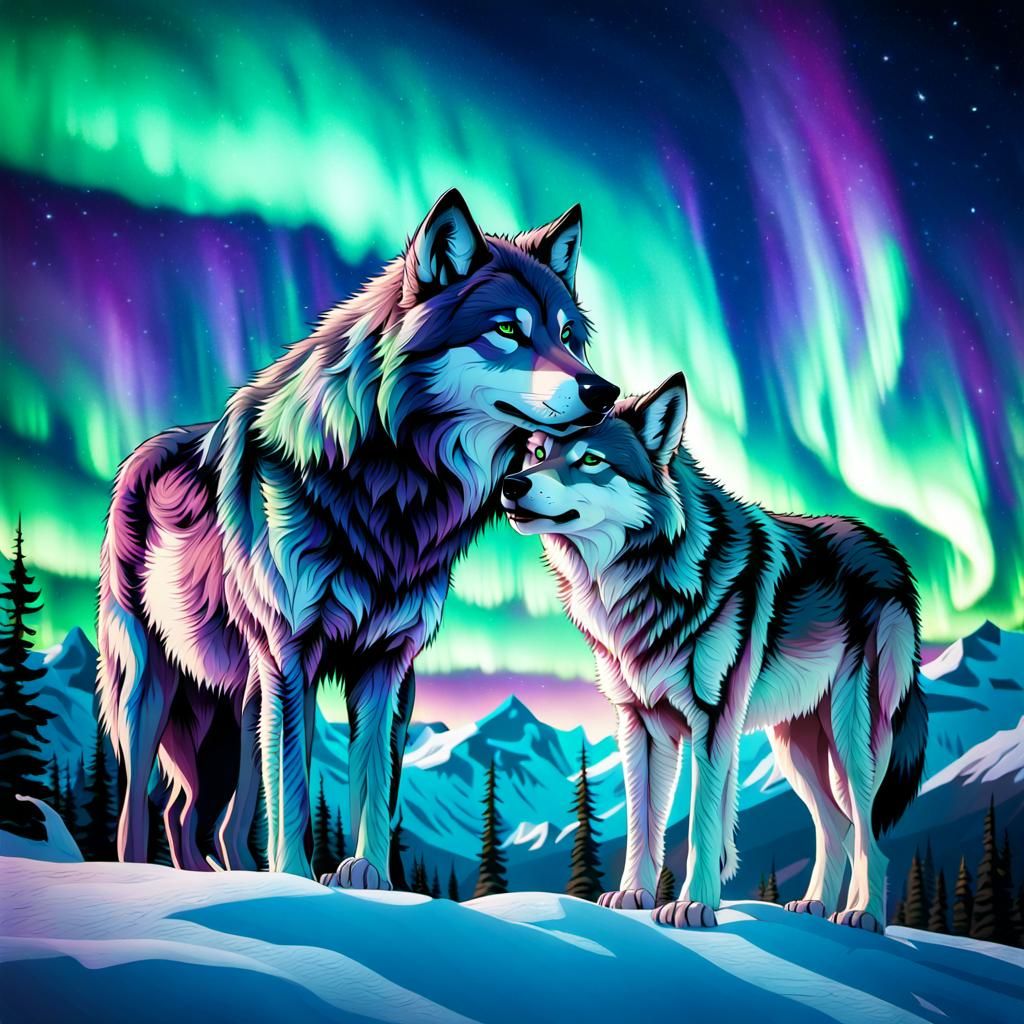 Wolf Mother and Pup Under Northern Lights
