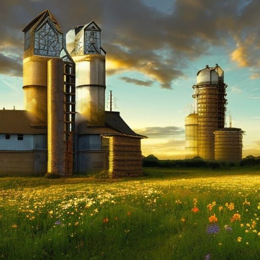 Futuristic Farmhouse with Moss and Wildflowers at Sunset