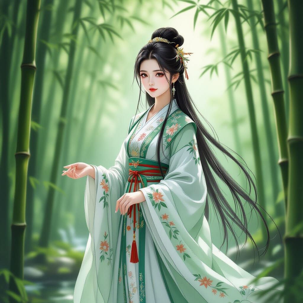 Chinese Girl in Hanfu in Bamboo Forest