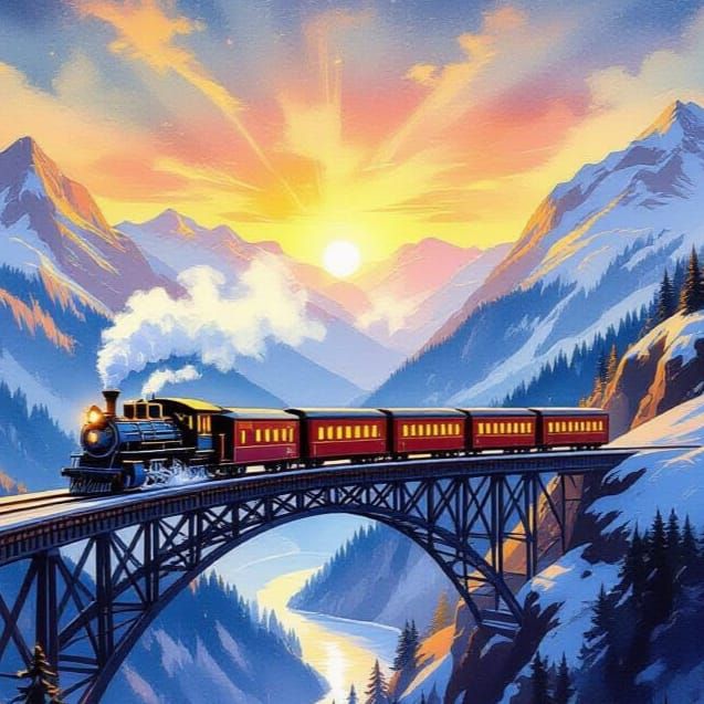 Winter Steam Train on Mountain Bridge at Sunrise