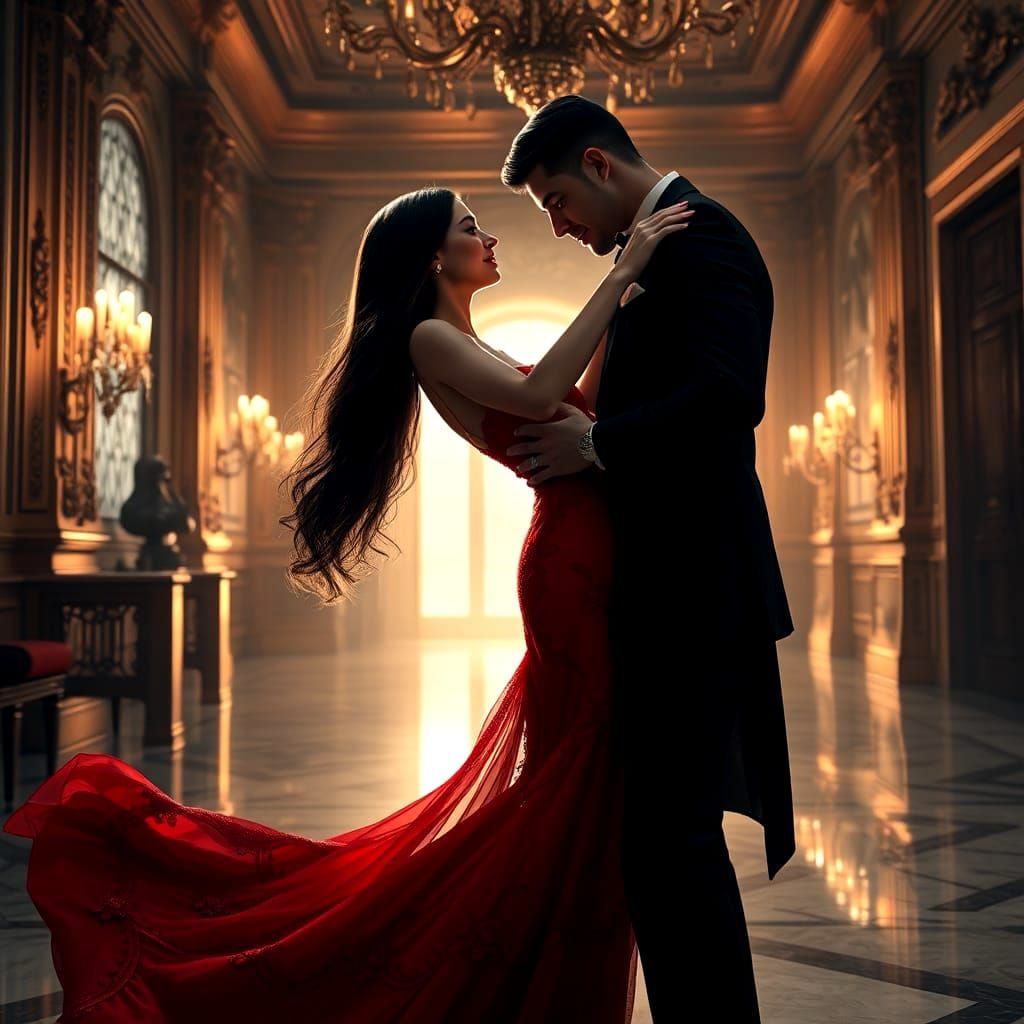 Elegant Couple Dancing in Golden Ballroom Light