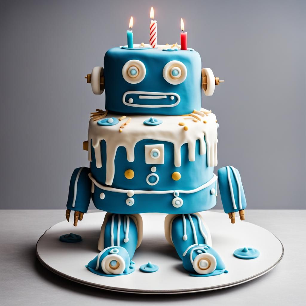 Robot Birthday Cake with Blue and White Icing