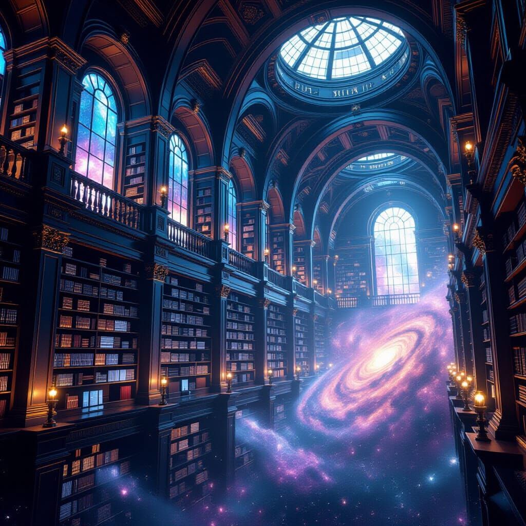 Cosmic Obsidian Library Floating in Vibrant Nebula