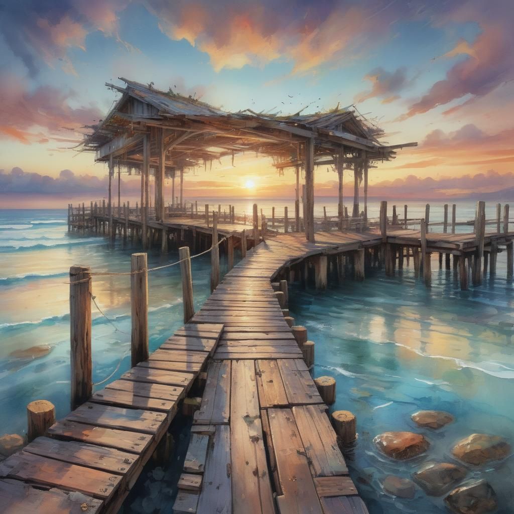 Watercolor Jetty at Sunset: Detailed Matte Painting