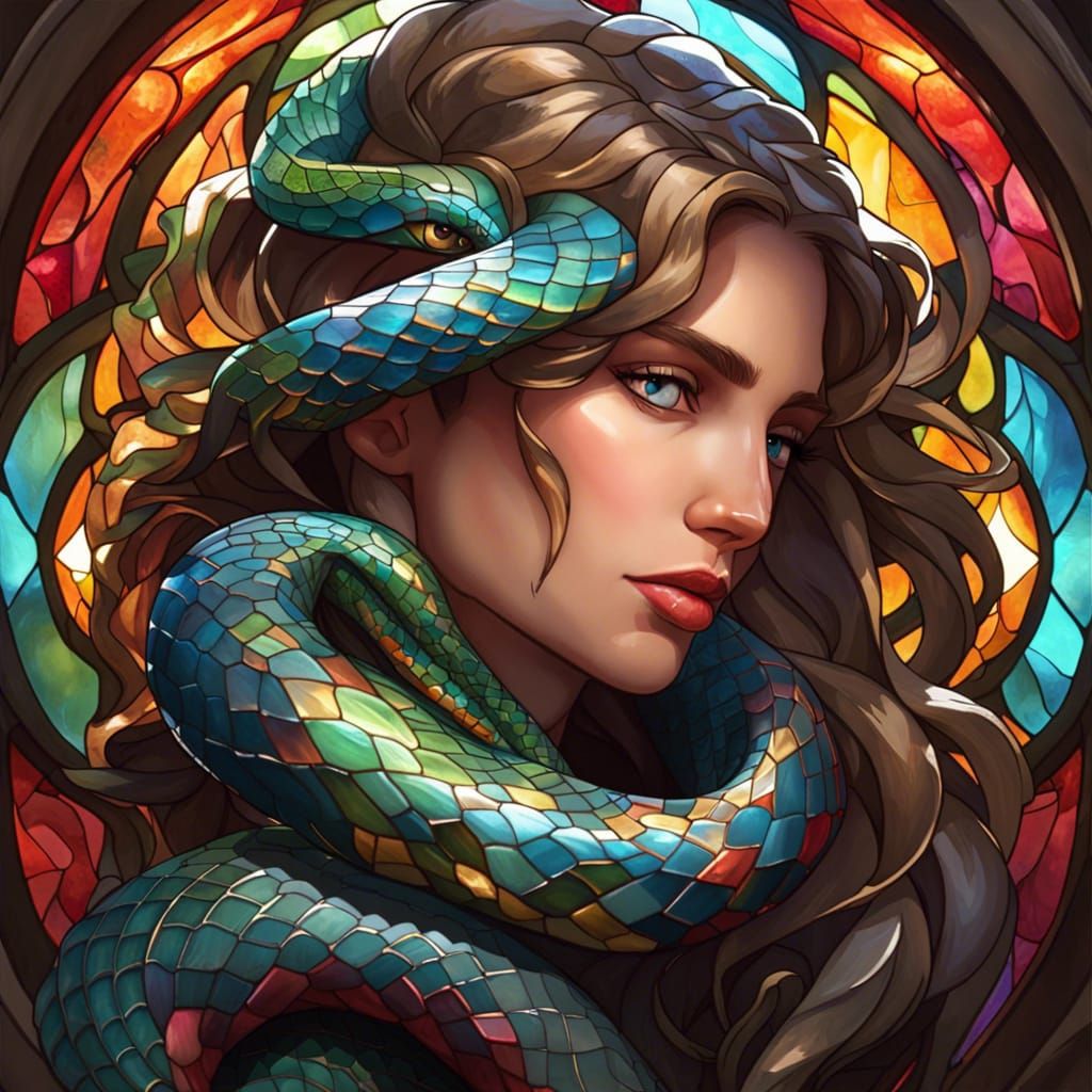 Stained Glass Snake Portrait in Digital Art Style
