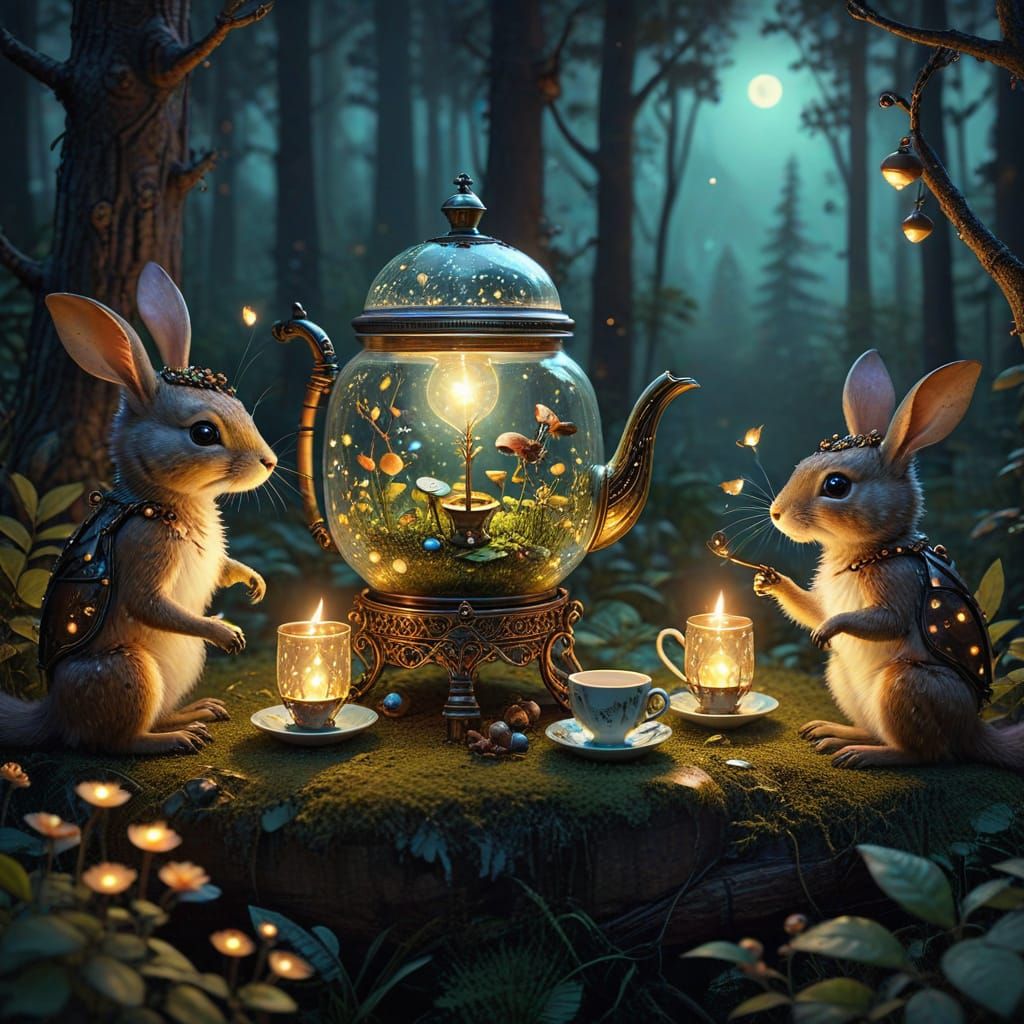 Whimsical Steampunk Tea Party Under Moonlit Forest Canopy