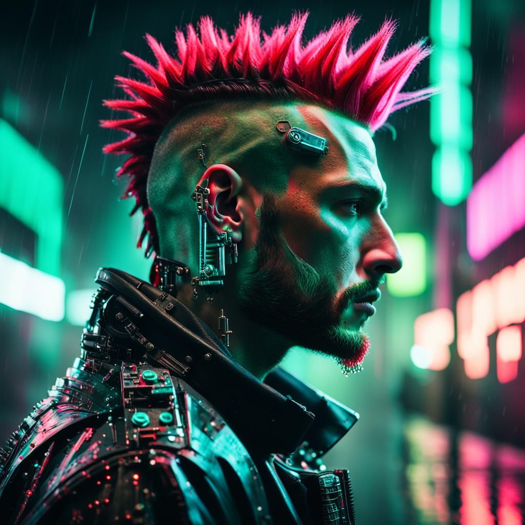 Cyberpunk Mech Portrait with Neon Reflections