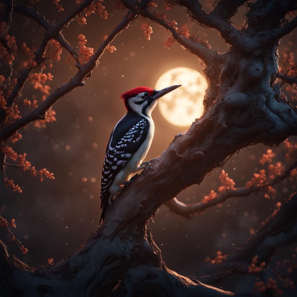 Woodpecker in Fantastical Night Scene, Detailed Matte Painti...