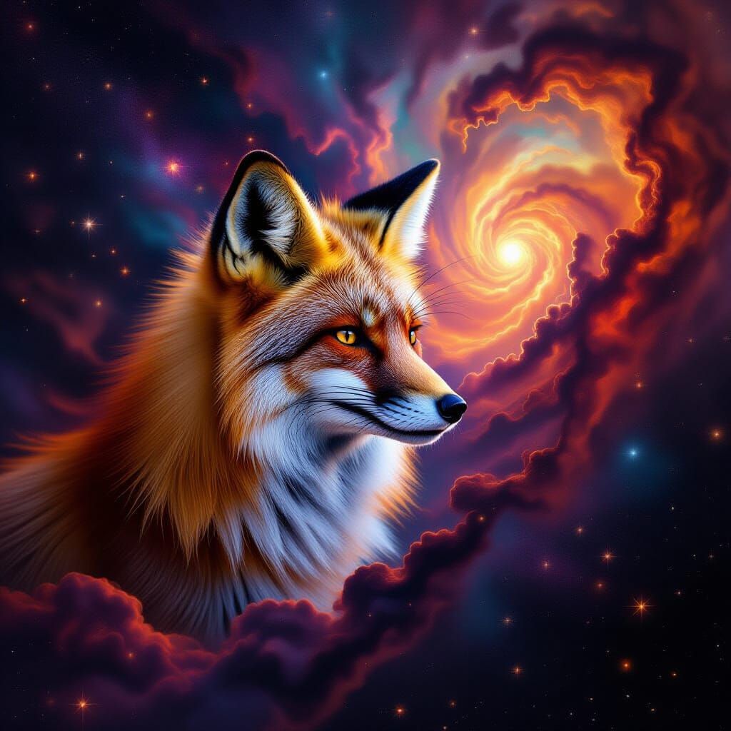 Majestic Fox in Cosmic Nebula