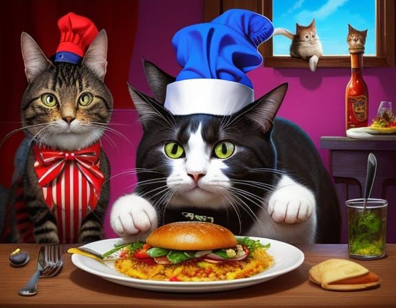 Mischievous Cat Chef in Surreal Digital Art Style