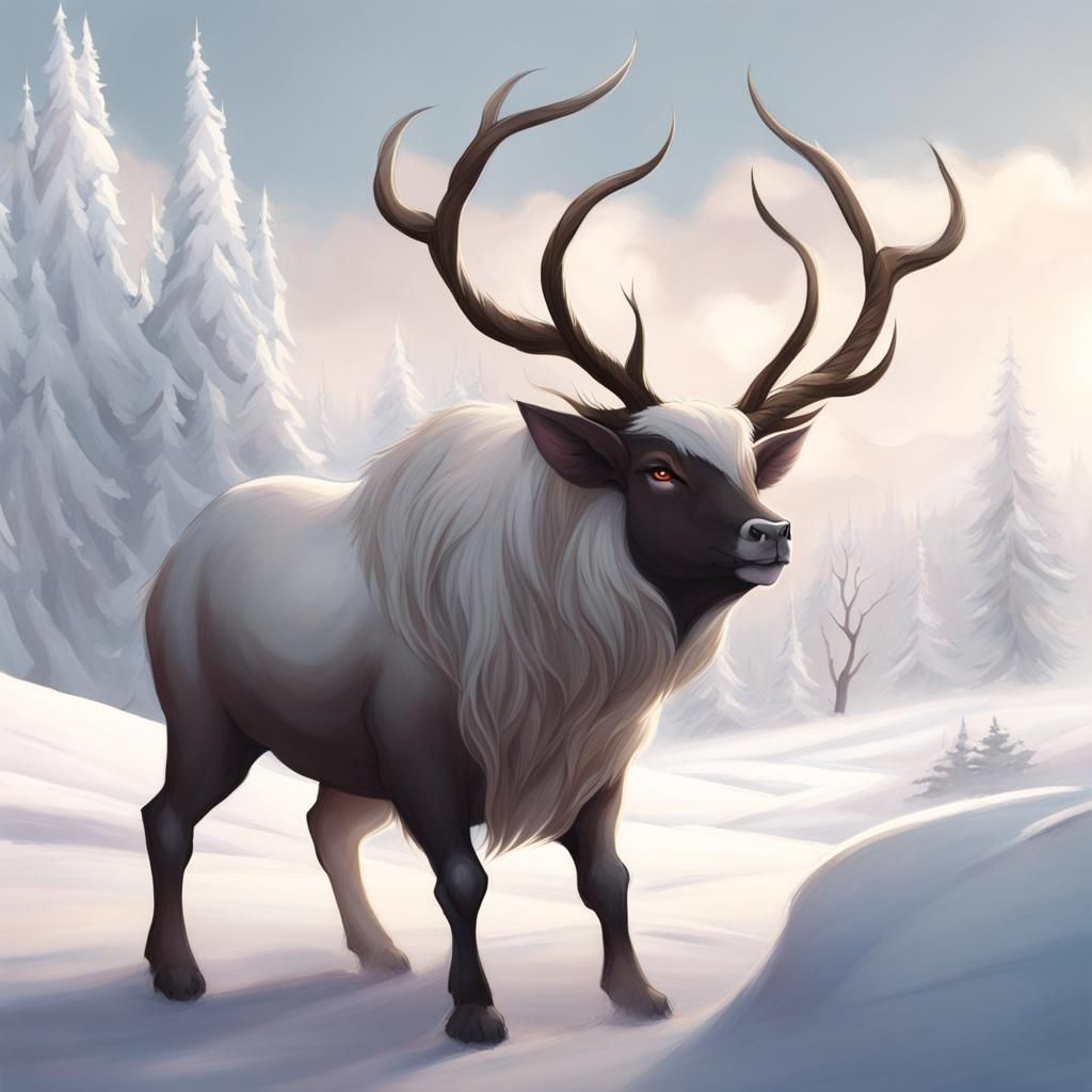 Ethereal Male Cervitaur in Snowy Fantasy Landscape