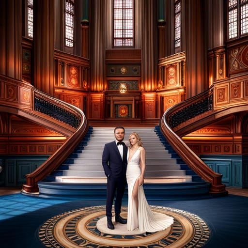 Dynamic Painting of a Couple in Orange and Teal