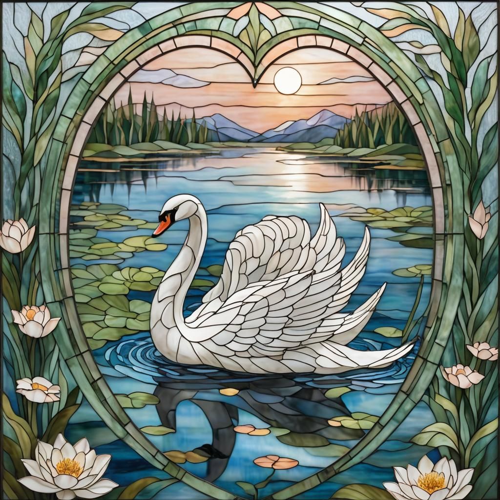Elegant Swan Gliding on Lake: 3D Stained Glass