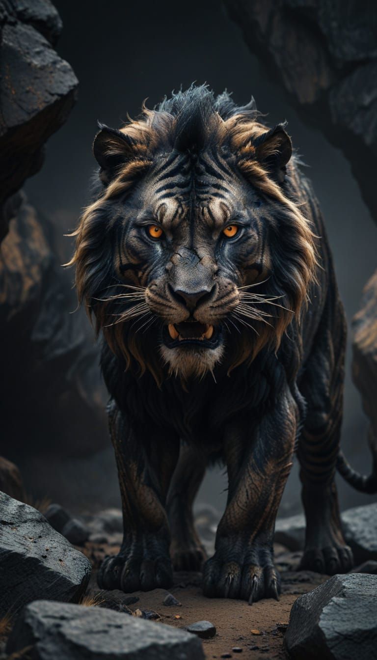 A majestic, black tiger-like creature with the muscular physique of a lion and the sharp features of a wolf, standing pr...