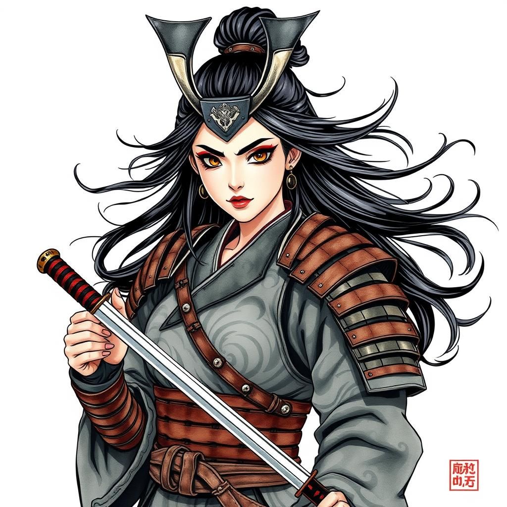 Fierce Ceramic Samurai Warrior in Ukiyo-e Style