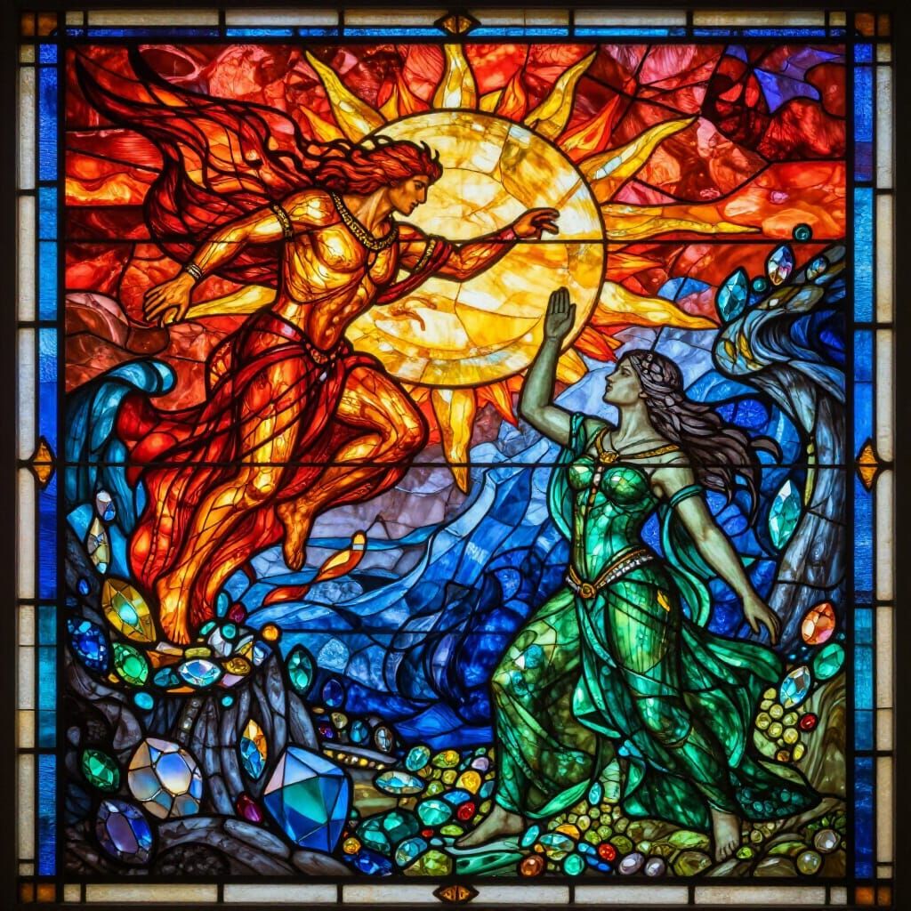 Alchemical Balance: Fire, Wind, Water, Earth in Stained Glas...