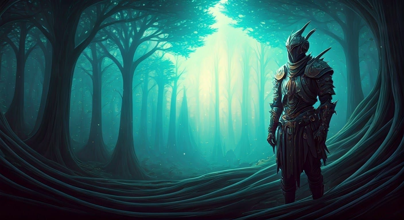Surreal Warrior in Mist-Shrouded Forest at Twilight