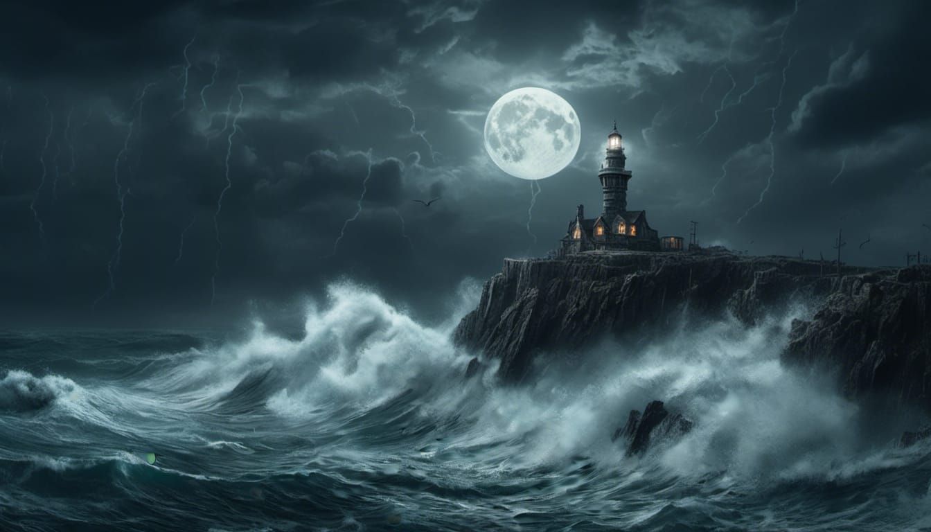 Lighthouse in Stormy Seas Under Moonlight
