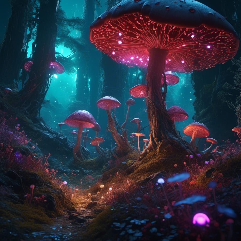 Bioluminescent Mushroom Forest in Detailed Matte Painting St...