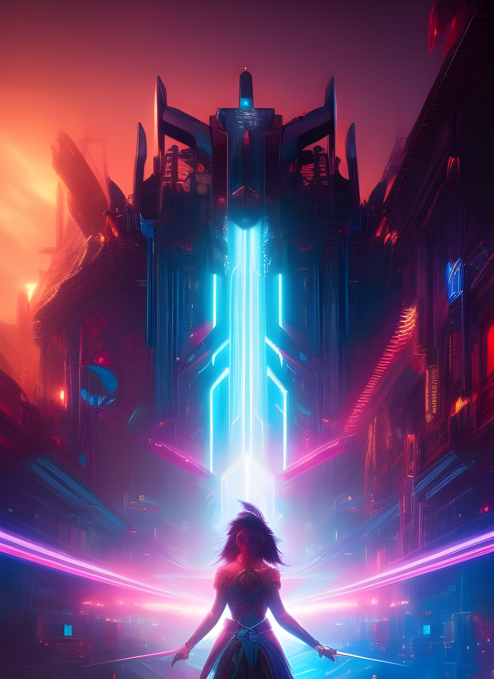 Neon Cyberpunk Goddess with Flowing Hair