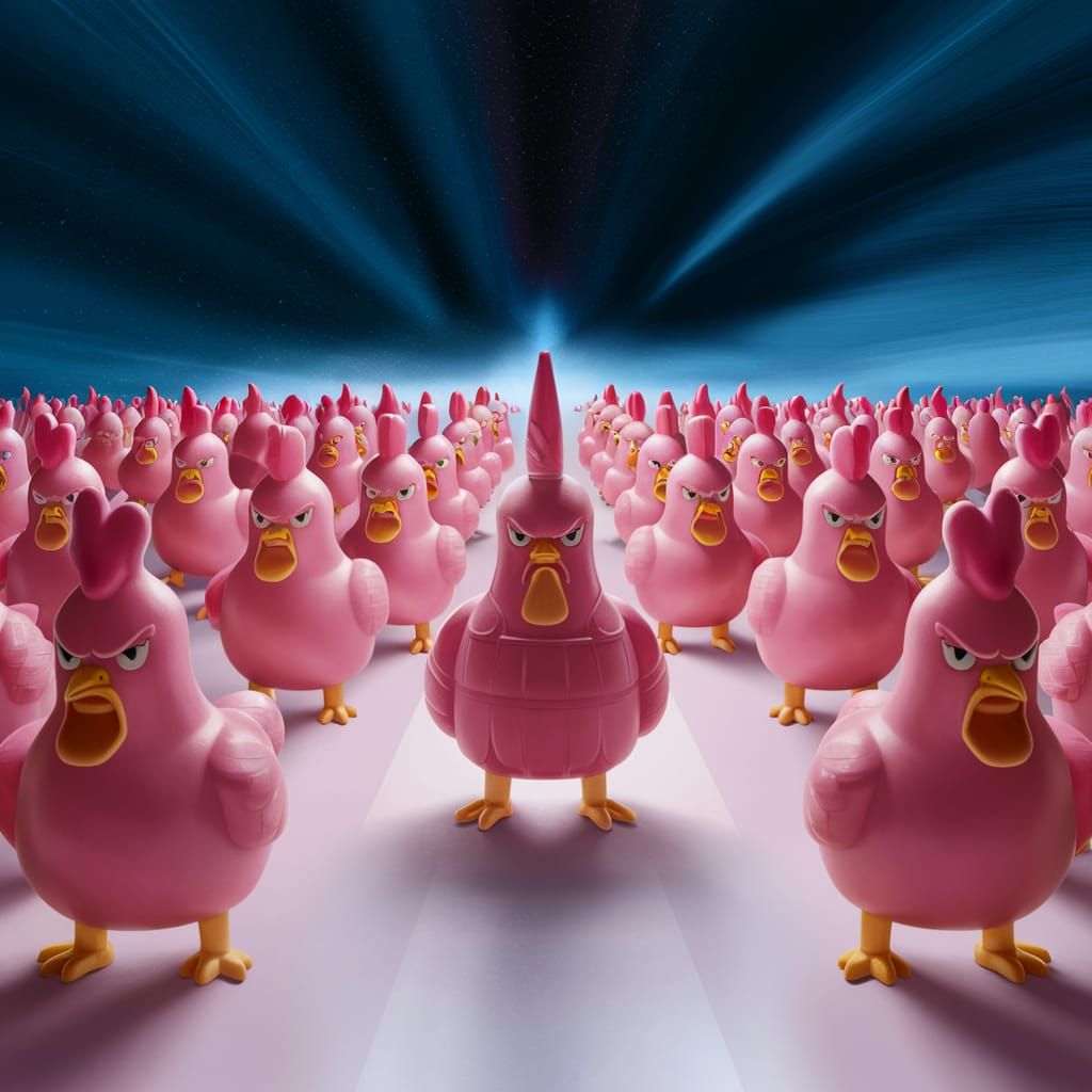 a minimalist overlord army of  pink female rubber chicken sq...