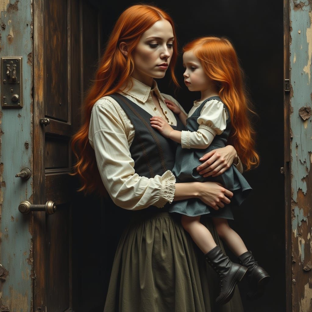 Otherworldly Mother and Child in Vintage Office