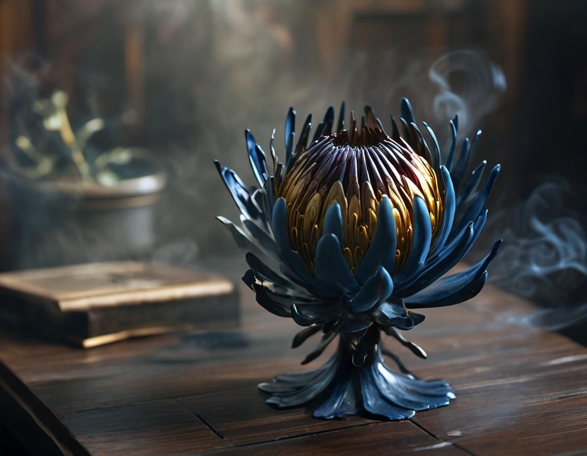 Enameled Glass Protea in a Smoke-Filled Room