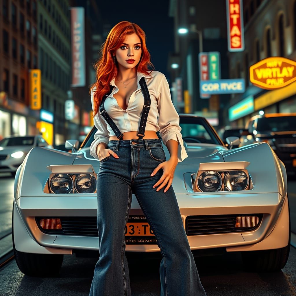 Vintage Pinup Girl Poses Beside Classic Corvette