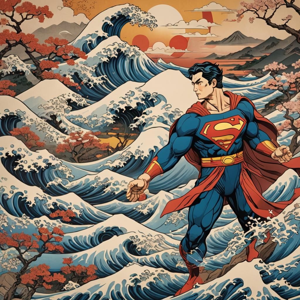 Superman in Ukiyo-e Style Japanese Landscape