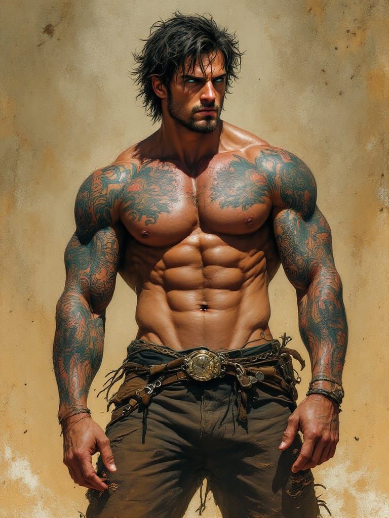 Tattooed Man Gazing into Distance in Frazetta Style