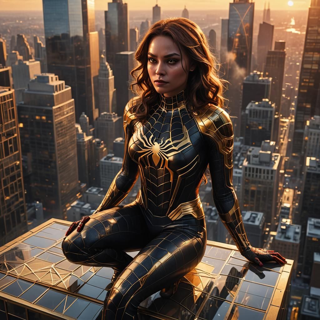 Spiderwoman Perched on Skyscraper at Sunset in Digital Art