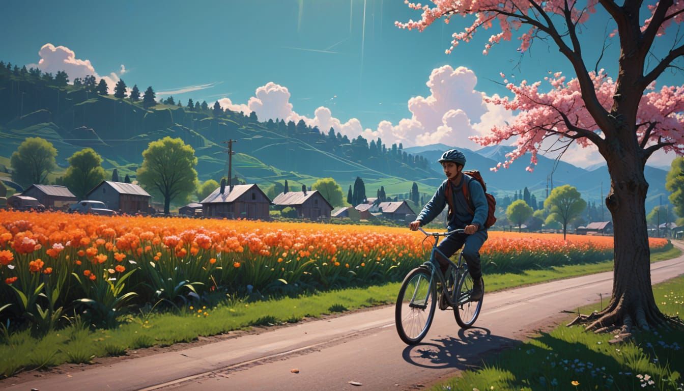 Rural Dreamscape with Bicycle Rider in Vibrant Glitch Art