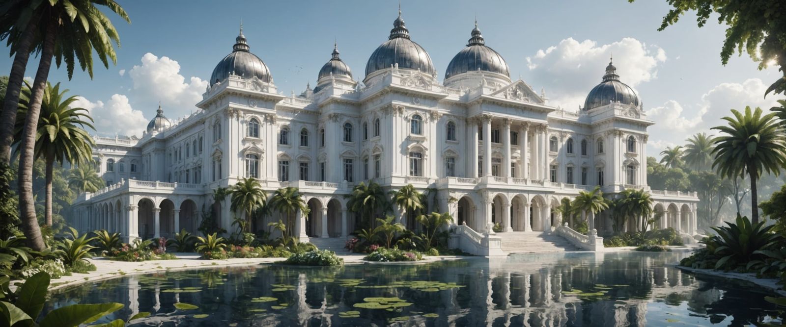 Surreal White Palace Illuminated by Prismatic Waterfalls