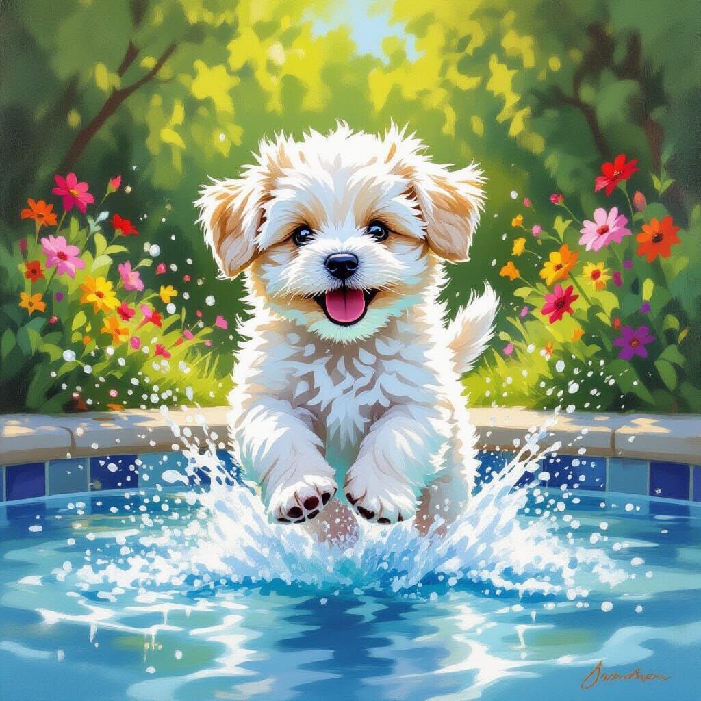 Puppy's Joyful Leap: An Impressionist Oil Painting